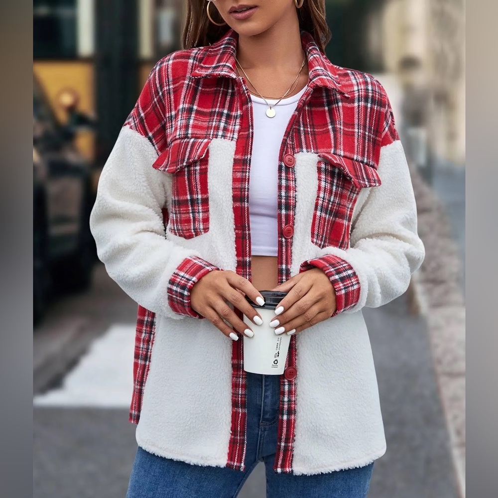 SHEIN LUNE Tartan Panel Drop Shoulder Coat Shacket nwot M